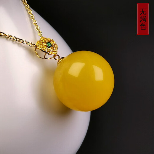 Amber School, one thing, one picture, one certificate, beeswax single bead, women's 925 silver gold-plated natural amber clavicle chain necklace, pendant, 2.84 grams, including chain diameter 16.6 mm