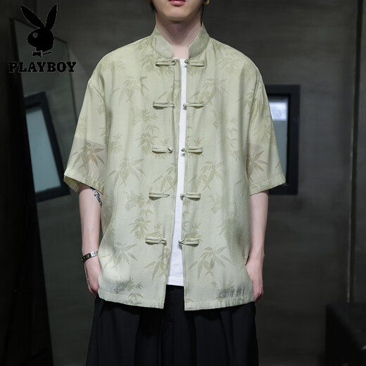 花花公子（PLAYBOY）夏季轻薄款短袖衬衫新中式古风盘扣唐装男装中国风竹叶上衣中山装 CS9898白色 3XL