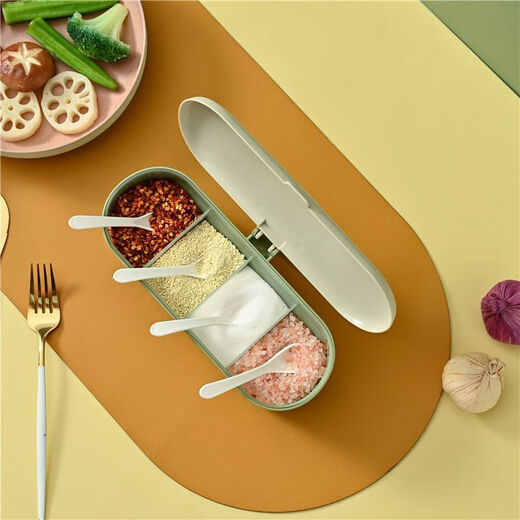 Enshousu seasoning box combination set seasoning bottle jar home kitchen sugar, MSG, salt shaker storage box one-piece 4-grid with spoon, fruit oil green, four-grid in one, inner + spoon