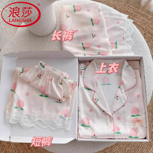 Langsha (Langsha) pyjamas de détection de glace pour femmes en été mince en dentelle douce pêche à manches courtes pantalons trois pièces pour vêtements de maison extérieure pêche [pantalon à manches à manches courtes] 9905 m [80-100jin recommandés [Jin est à 0,5 kg]]