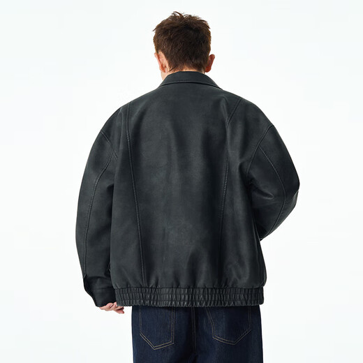 American trendy brand retro PU leather jacket with spliced lapel jacket for men, spring and autumn loose and versatile casual jacket, black M