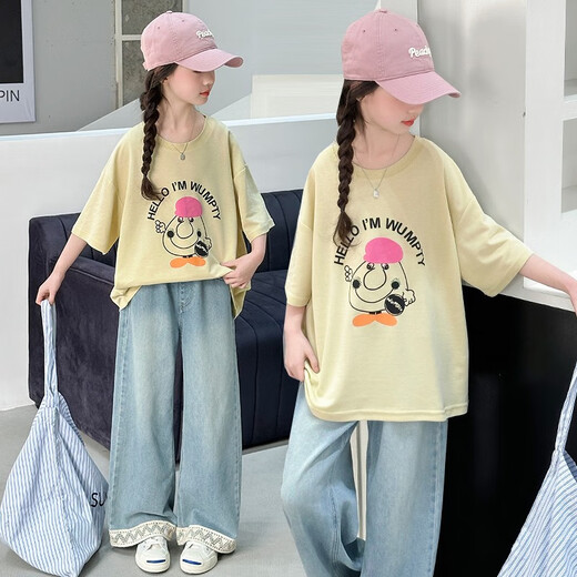 Chapitre cool (Kuzhang) Girls Summer Souet à manches courtes 2025 Nouveau pantalon de jambe large pour les enfants à la mode à la mode