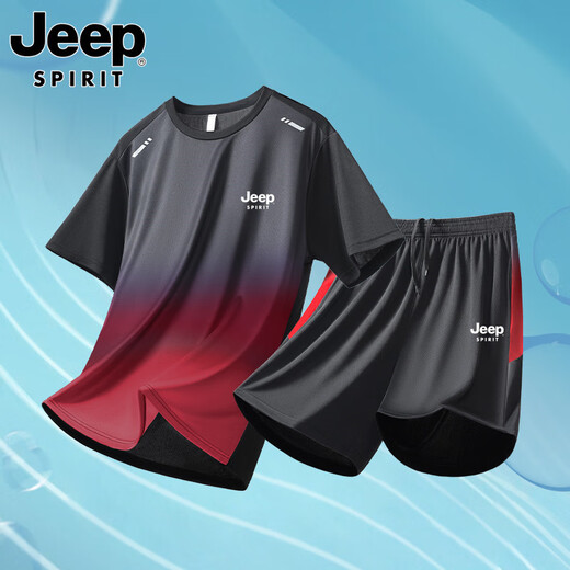 吉普（JEEP）吉普速干T恤男士渐变冰丝短袖2025新款夏季运动套装跑步服男 父亲节礼物衣服9901黑绿套装【新款冰丝速干】 M