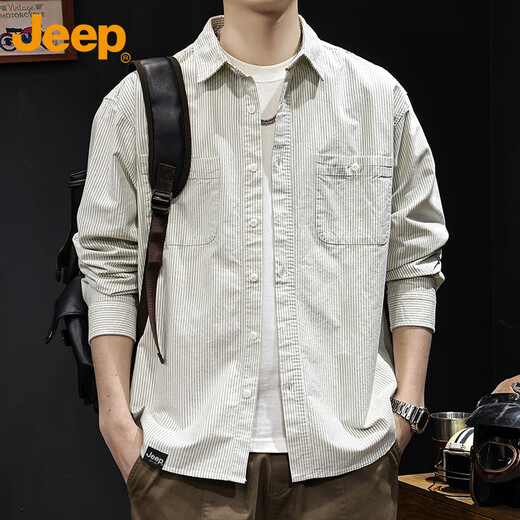 Jeep (JEEP) shirt men's long-sleeved spring and autumn striped loose casual workwear jacket clothes men's white XL