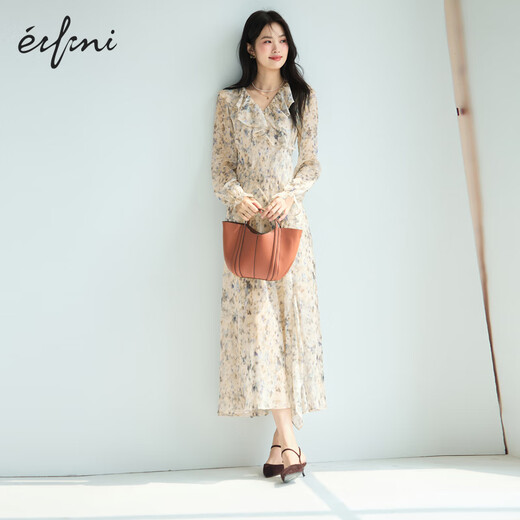Evely slim slanted silk style V-neck ruffle front slit design versatile dress 2025 autumn new style beige L 110-125Jin [Jin equals 0.5 kg]