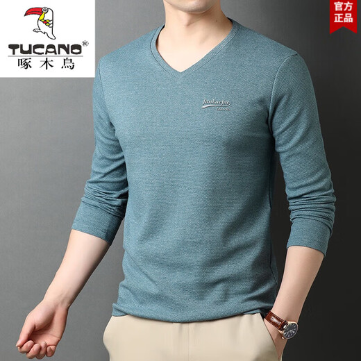 Woodpecker (TUCANO) spring and autumn V-neck men's pure cotton long-sleeved T-shirt sweetheart collar solid color versatile autumn men's tops bottoming shirt R9863 coffee color long-sleeved L 170120-130Jin Jin equals 0.5 kg