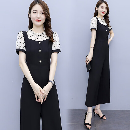 TCMUH连体裤女夏季2025年新款短袖雪纺阔腿套装时尚气质薄款一体连衣裤 【1098#杏色 M