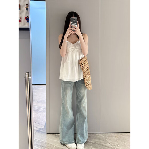 灿图浅色窄版微喇牛仔裤女夏季新款高腰修身显瘦小个子阔腿微喇休闲裤 浅蓝色 M 【建议90-110斤】