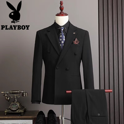 Playboy 2025 Winter Suit Men's Retro Striped High-Quality Double-breasted Suit Three-piece Formal Wedding Dress Retro Three-piece Suit XL 52