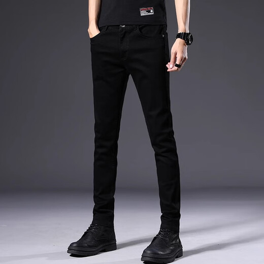 Romon Hong Kong high-end non-disappearing black jeans men's 2025 summer thin slim fit small feet elastic casual long trousers 1048 light blue (summer thin) size 28