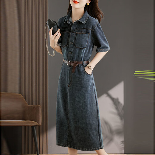Egeangy Light Luxury Brand Kleid für Frauen 2025 Sommer neuer Stil lässig und High-End-Gefühl locker Bauchbedeckung Rock kurzärärmig Bildfarbe Hemdkragen für Gewicht 105 Jin [Jin entspricht 0,5 kg]