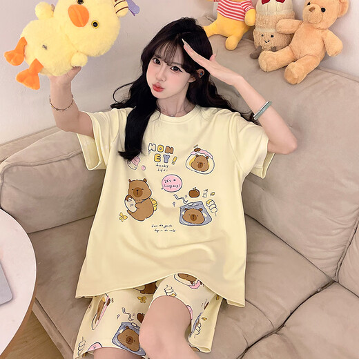 俊俊穗迪美短袖睡衣女款夏季纯棉短裤套装卡通青少年大码胖mm女孩学生家居服 短-XLL-4001 L 【建议100-120斤】