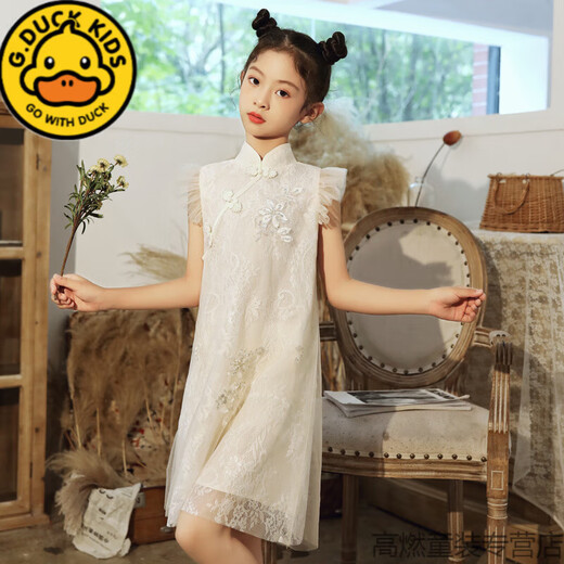 G.DUCKKIDS中国风女童旗袍裙夏季儿童改良汉服连衣裙大童薄款国风古筝演出服 浅蓝色 130