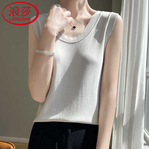 LangSha (LangSha) light luxury women's round neck summer neck suspender vest with ice silk knitted top sleeveless outside wearing white sweater rice camel color average size 90-135Jin [Jin equals 0.5 kg]