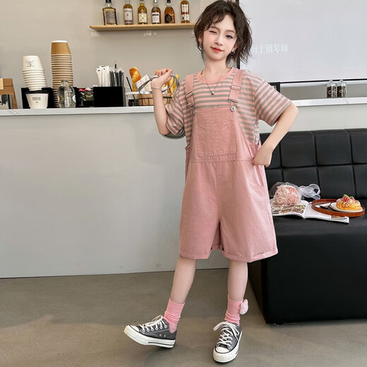 
Fairytale cool girl summer overalls striped suit 2024 new fashionable summer clothing for girls casual loose pants shorts KKBX T358 pink overalls suit 130