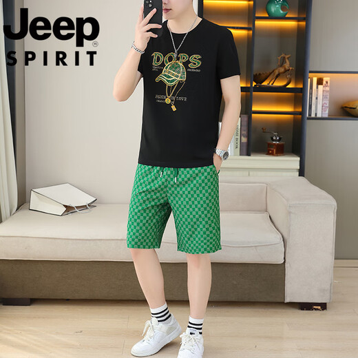吉普（JEEP）短袖套装男夏季新款潮流休闲时尚男士圆领烫钻t恤休闲两件套 T9909黑色【短袖+短裤】 M 90-110斤