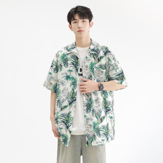 Kurashi Ichiki 2025 Summer suelto y cómoda seda de hielo fresco camisa de altura corta para hombres chaqueta de flores de la playa hawaianas 6629 Madagascar M