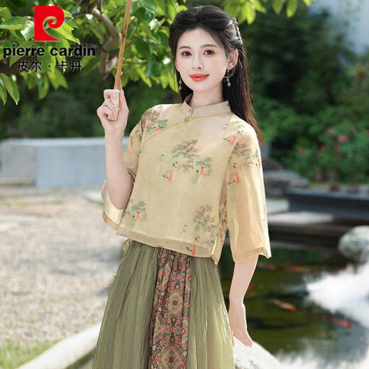 
Pier Cardin summer new Chinese style oriental classical Chinese style jacquard slanted lace temperament stand collar button top spliced ​​skirt suit 1043 green + 12161 brown S