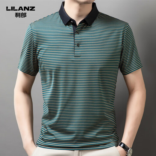 
Lilang light luxury men's lapel short-sleeved T-shirt in summer striped young and middle-aged business casual POLO shirt ice silk breathable top Navy blue 13691 S 165