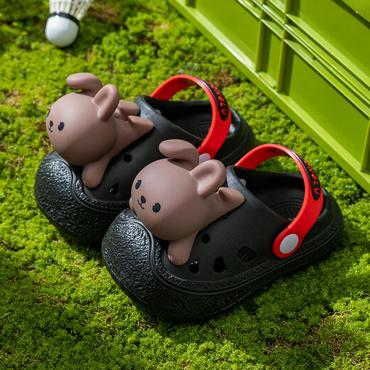Eltern-Kind-Stil Kinderlochschuhe für Jungen und Mädchen dreidimensionales Kaninchen Anti-Rutsch-Slip Ultra-auf-dick-Soled Home Outdoor Baby Sandalen Schwarze 24 innere Länge 16 cm