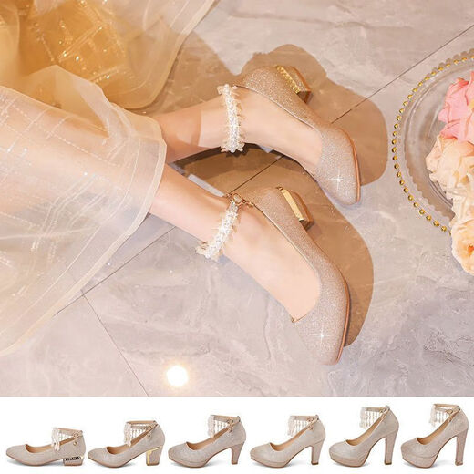 Yalso children's high-heeled shoes 10-15 years old performance girls' leather shoes high-heeled crystal single shoes girls golden model catwalk gold pearl/12cm thick heel 34