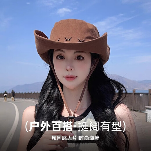 LZJV American Retro Retro Western Cowboy Protection Sombrero Sombrero Mujeres Servicio de senderismo al aire libre Sombrero de pescado Hombres de senderismo Cordete a prueba de viento Cowboy gorro de vaquero