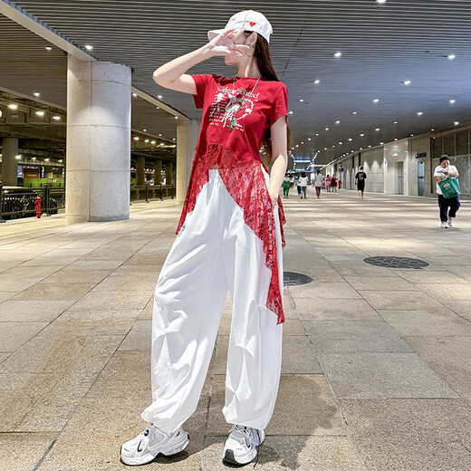兔岚爵士舞服装女套装小个子itzy女团cake蹈表演kpop打歌服成人学生红 8827红色上衣+6627白色长.裤 M 【80-105斤】
