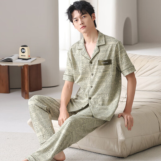 诸禄男士睡衣男款夏季棉质短袖长裤男生拉架爽棉大码感家居服套装 01N9853男 L -