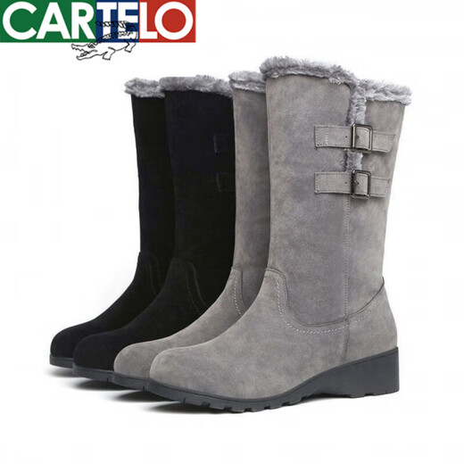 卡帝乐鳄鱼（CARTELO）加绒加厚雪地靴女冬季皮毛一体长筒靴平底防滑中筒靴保暖妈妈棉鞋 719黑色 39
