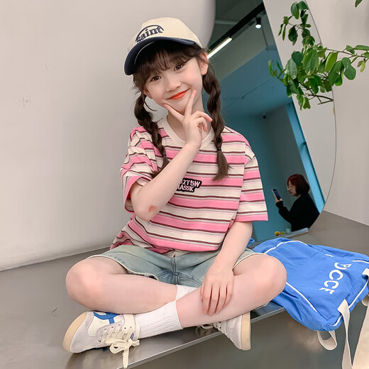 【央妈】女童夏装短袖T恤夏款2025新款女大童条纹半袖儿童夏 X12130粉色 120 cm