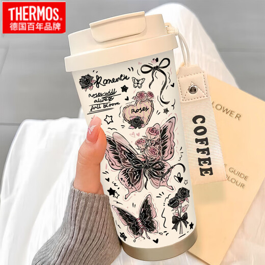 Thermos Simple Butterfly Thermos (Thermos) en acier inoxydable Portable Double boire du café 2025 Nouvelle tasse d'eau de paille féminine BW1049 Rose foncé papillon A + avec longe