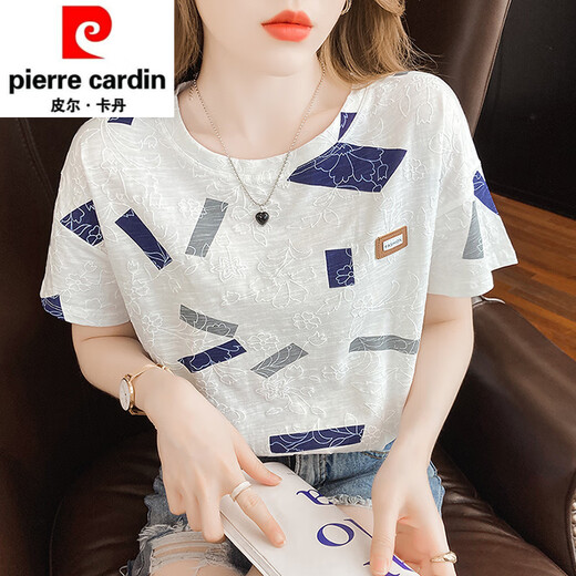 Pierre cardin ice silk short-sleeved T-shirt for women's summer thin style 2025 new European pure cotton top fashionable shirt for women summer 810 blue square + 897 three-color flower S recommended 95 Jin [Jin equals 0.5 kg]