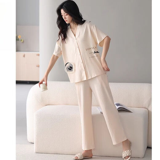 雅鹿睡衣女款春夏季凉感莫代尔短袖长裤家居服春秋开衫V领可外穿套装 HMT-753# M