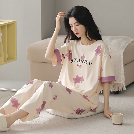 Pure Cotton Pajama для женщин в летних брюках с короткими рукавами, установленной 2025 Новая корейская версия симпатичной летней мультипликационной камеры.