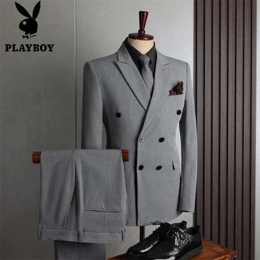 Playboy (PLAYBOY) high-quality suit men's British style double-breasted business casual suit three-piece groom's wedding dress medium gray (suit + pants) M 48