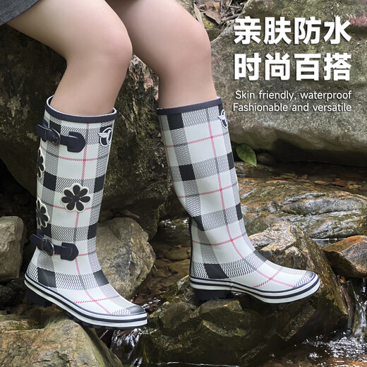 EVERCREATURES英国雨鞋惠灵顿雨靴防滑水鞋女 时尚雨鞋橡胶格子印花高筒 女款 格子高筒 38