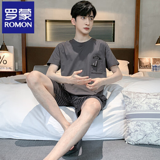 Romon Summer Set Herren Kurzarm Pyjamas dünne Baumwolle Freizeit Plus-Größe Teen Home Kleidung Lose zweiteiler Set D9928 L Männer