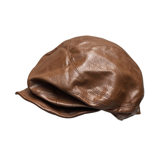 Dark Japanese style irregular pleated design soft brim PU leather octagonal hat with personality, versatile, face-showing small newsboy hat, trendy black (oil wax leather soft newsboy), one size fits all