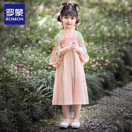 罗蒙女童汉服儿童唐装中国风小女孩古装襦裙夏季款连衣裙毕业演出服 绿橘粉襦裙 HQ1129 140