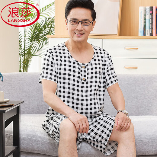 浪莎（LangSha）中老年人爸爸睡衣男士夏季棉绸短袖短裤薄款莫代尔冰丝家居服套装 2694 3XL