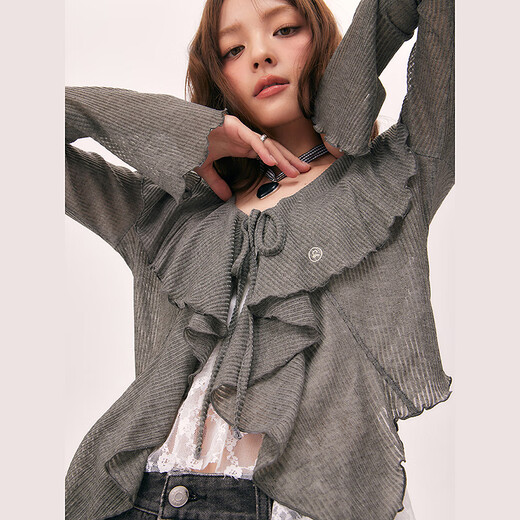 
CHUU fungus ruffled coat for women 2025 summer new lace long sleeves blouse temperament short top medium gray S -00