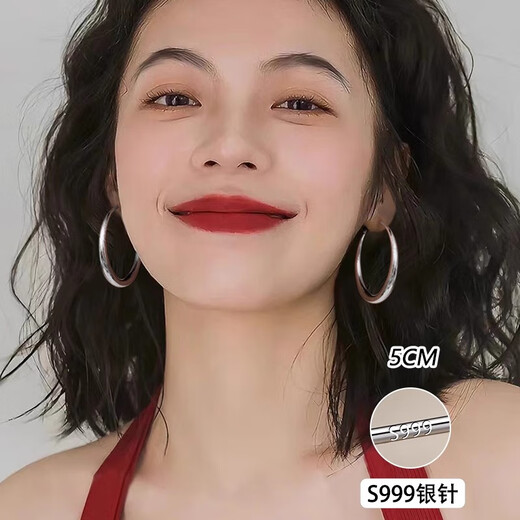 Ruihongxiang 999 sterling silver earrings large circle plain hoop earrings wide hoop high-end earrings earrings 2025 new popular earrings 999 silver needle fat hoop earrings 5CM huge face small