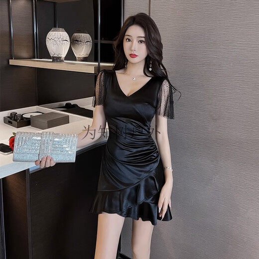 为知树夜总会性感连衣裙夜场KTV佳丽晚礼服SPA足浴按摩技师工作服包臀裙 增3897黑色+ S 建议80-95斤