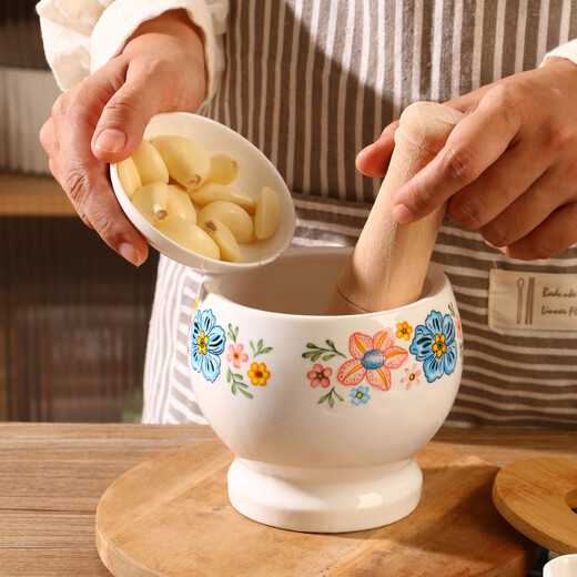 Pottery King ceramic garlic pounder stone mortar manual garlic mortar household smashing jar hand pressed garlic pourer old-fashioned grinder flower