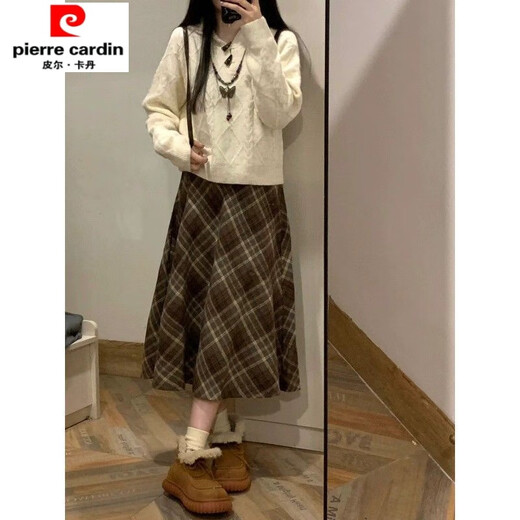 Chujing Maillard wears woolen plaid skirt 2025 autumn and winter new high-waisted slimming A-line mid-length skirt umbrella skirt coffee-colored plaid skirt-wool fabric XL