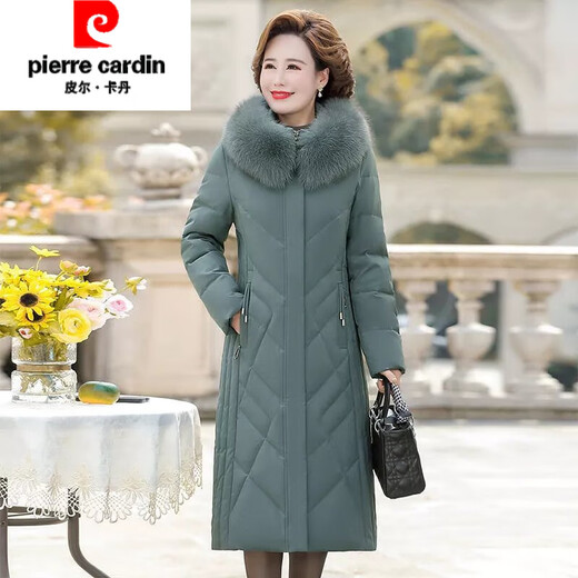 Pierre Cardin middle-aged and elderly down jacket women's new white duck down mother's wear long knee-length slim large size winter jacket pea green temperament and fashionable hat removable 5XL recommended 156-170Jin Jin equals 0.5 kg