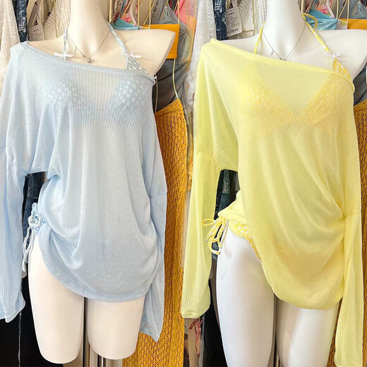 Mu Ni bikini swimsuit for women Thai sexy hottie seaside vacation split push-up blouse four-piece set long-sleeved hot spring blue one size fits all recommended 70-120 Jin Jin equals 0.5 kg