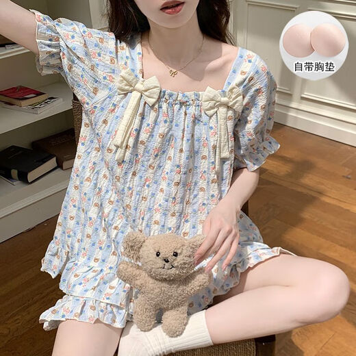 Pajamas Bei Yifu avec poitrine pour femmes pour shorts d'été, nuage coton Internet célébrité mignon mignon dessin de dessin de caricature de maison zz9902-1 # plein d'ours m