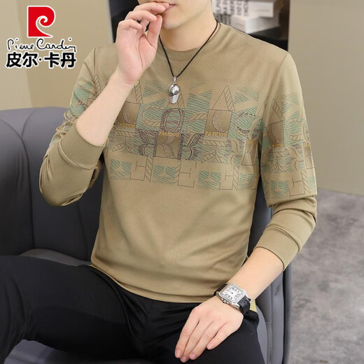 皮尔卡丹（pierre cardin）2025春秋新款男士长袖T恤欧货潮男帅气时尚卫衣加大码打底衫体恤 【春秋】6626卡其 薄款 M 90-115斤