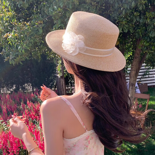 Yijian Flower Sun Hat French Straw Hat Women's New Elegant Top Hat Camellia Flat-brimmed Straw Hat Beach Beach Beach Sun Hat Flower Flat-brimmed Straw Hat [Khaki]